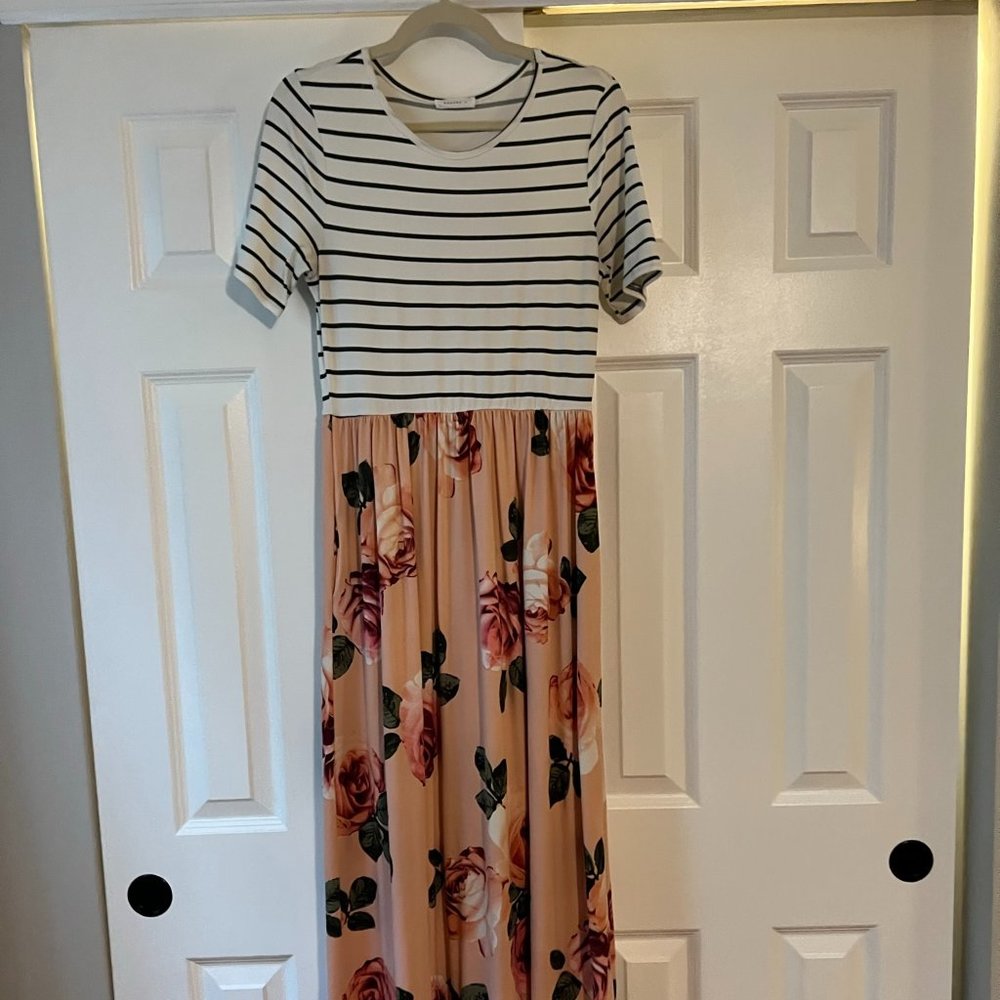 Floral and Striped Short Sleeved Maxi Dress